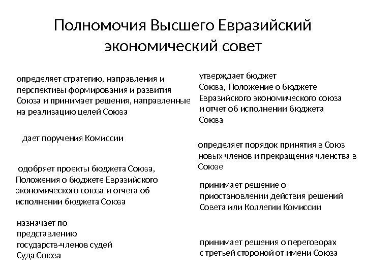 Полномочия Высшего Евразийский экономический совет определяет стратегию, направления и перспективы формирования и развития Союза