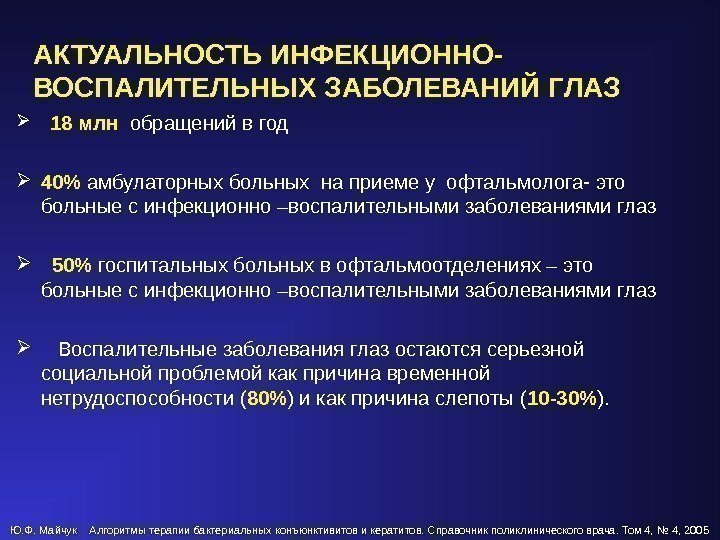 АКТУАЛЬНОСТЬ ИНФЕКЦИОННО- ВОСПАЛИТЕЛЬНЫХ ЗАБОЛЕВАНИЙ ГЛАЗ 18 млн  обращений в год 40 амбулаторных больных