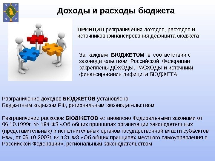 Разграничение доходов БЮДЖЕТОВ установлено Бюджетным кодексом РФ, региональным законодательством Разграничение расходов БЮДЖЕТОВ установлено Федеральными