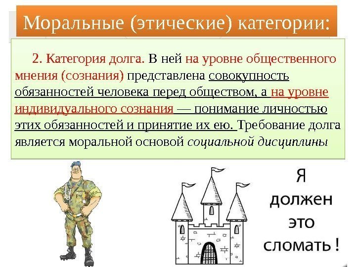 Моральные (этические) категории: 2. Категория долга.  В ней на уровне общественного мнения (сознания)