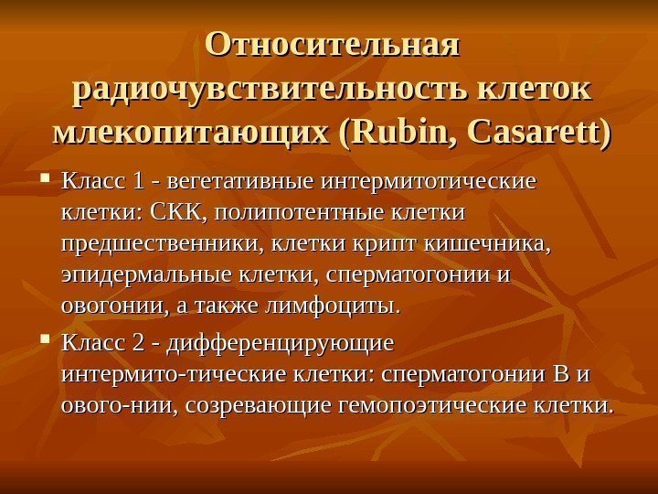   Относительная радиочувствительность клеток млекопитающих ( Rubin, Casarett) Класс 1 - вегетативные интермитотические