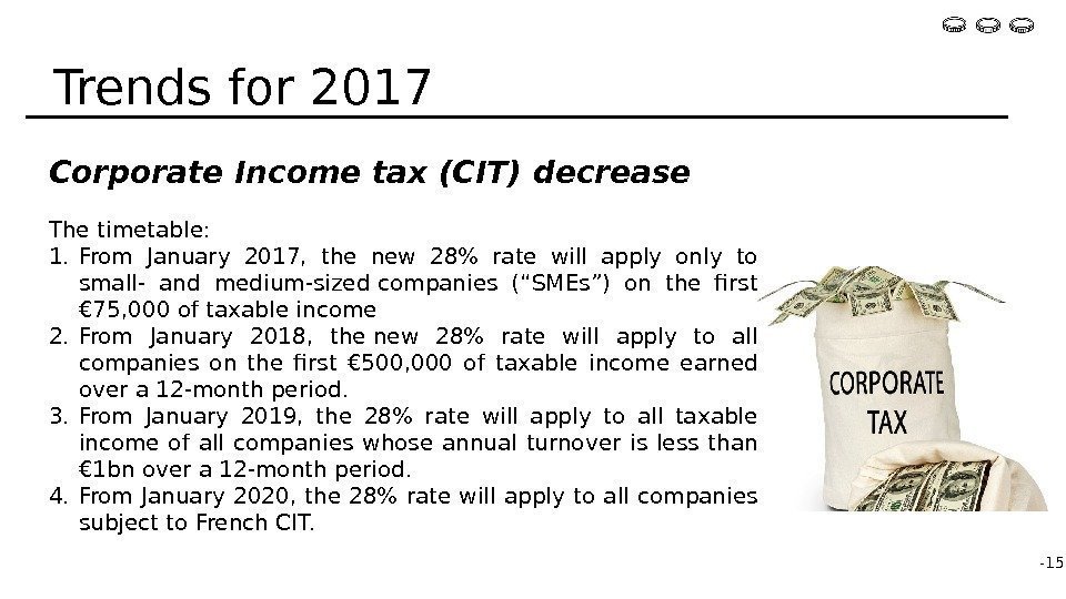 Corporate Income tax (CIT) decrease The timetable: 1. From January 2017,  the new