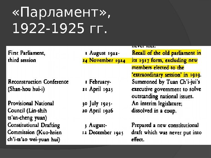  «Парламент» ,  1922 -1925 гг. 