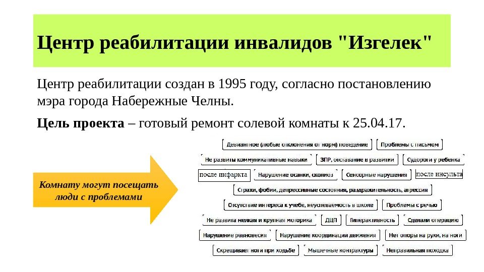 Центр реабилитации инвалидов Изгелек Центр реабилитации создан в 1995 году, согласно постановлению мэра города