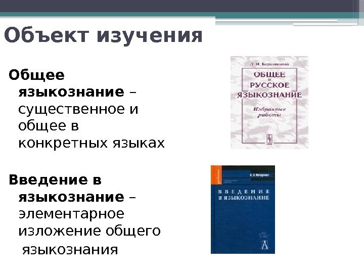 Объект изучения Общее языкознание – существенное и общее в конкретных языках Введение в языкознание