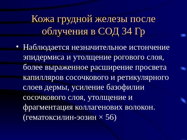 Кожа грудной железы после облучения в СОД 34 Гр • Наблюдается незначительное истончение эпидермиса