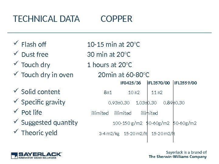 TECHNICAL DATA COPPER Flash of 10 -15 min at 20°C Dust free 30 min
