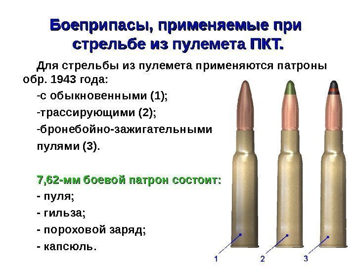 Боеприпасы, применяемые при  стрельбе из пулемета ПКТ. Для стрельбы из пулемета применяются патроны