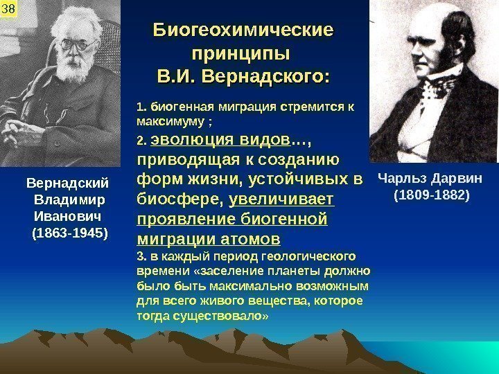 Биогеохимические принципы В. И. Вернадского: Чарльз Дарвин  (1809 -1882)Вернадский Владимир Иванович (1863 -1945)