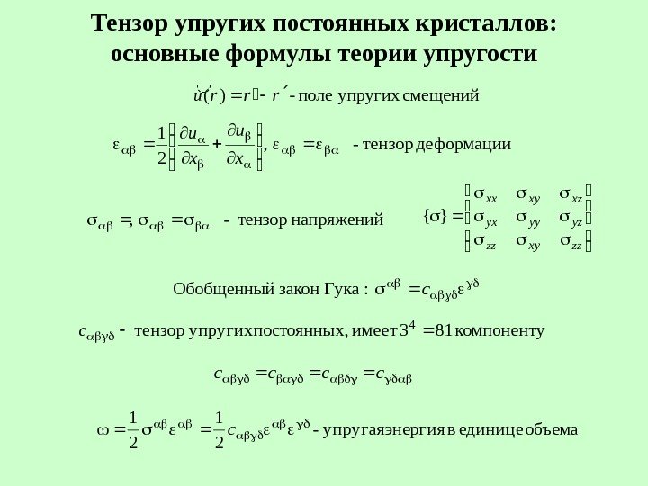   Тензор упругих постоянных кристаллов: основные формулы теории упругостисмещенийупругих поле -)(rrru деформации тензор-,