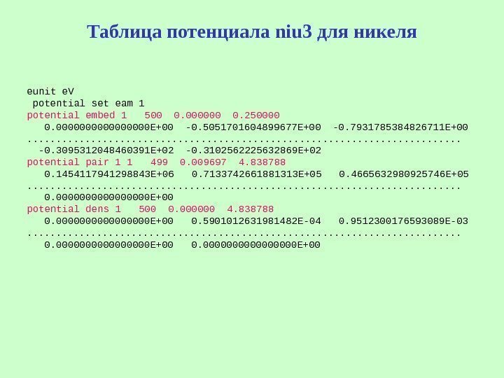   Таблица потенциала niu 3 для никеля eunit e. V  potential set