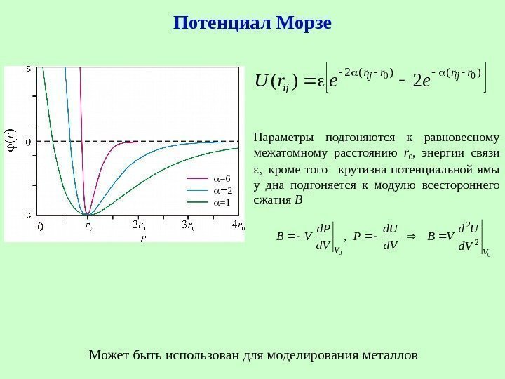   Потенциал Морзе )()(200 2)( rrrr ij ijij eer. U  Может быть