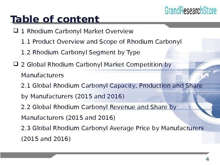 4  Table of content 1 Rhodium Carbonyl Market Overview 1. 1 Product Overview