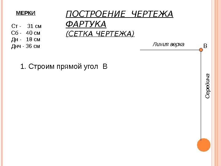 ПОСТРОЕНИЕ ЧЕРТЕЖА ФАРТУКА (СЕТКА ЧЕРТЕЖА) 1. Строим прямой угол В   МЕРКИ 