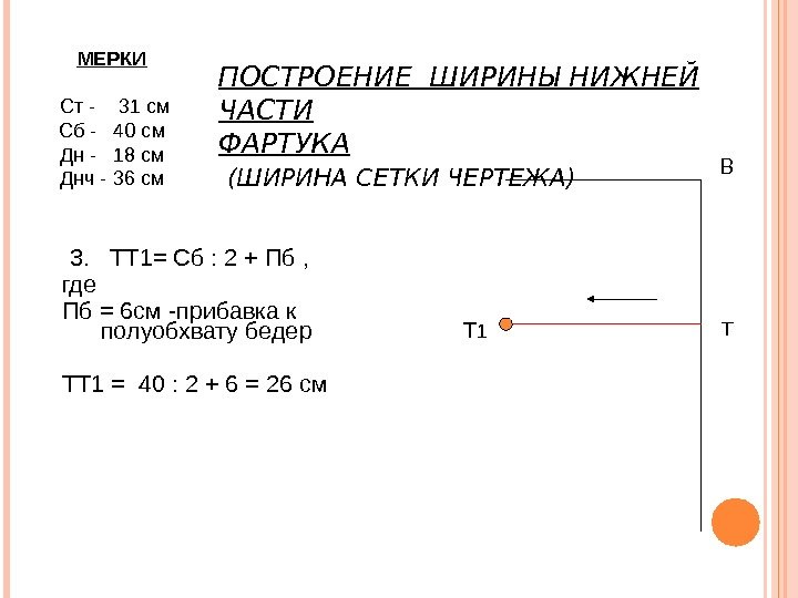 ПОСТРОЕНИЕ ШИРИНЫ НИЖНЕЙ ЧАСТИ ФАРТУКА  (ШИРИНА СЕТКИ ЧЕРТЕЖА)  3.  ТТ 1=