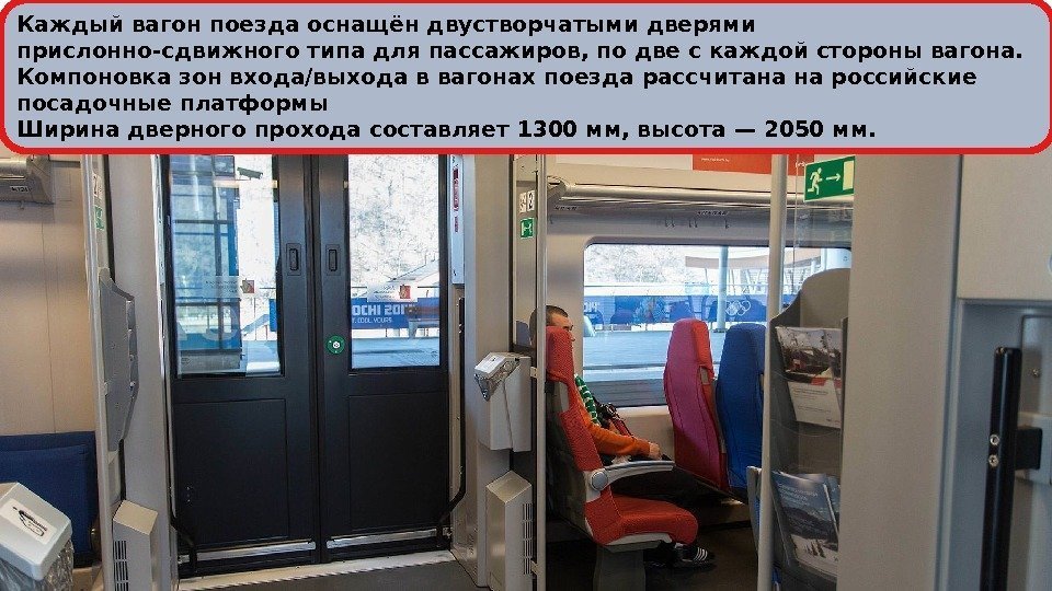 Каждый вагон поезда оснащён двустворчатыми дверями прислонно-сдвижного типа для пассажиров, по две с каждой