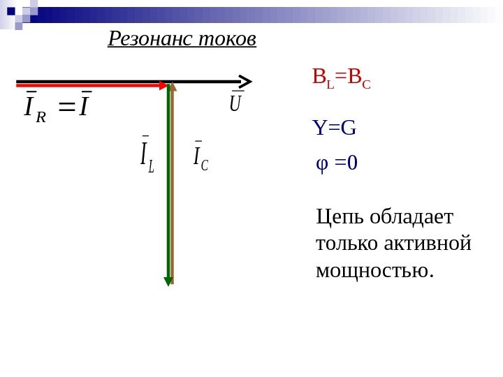 B L =B C  Y=GU L ICI IIRРезонанс токов  φ =0 Цепь