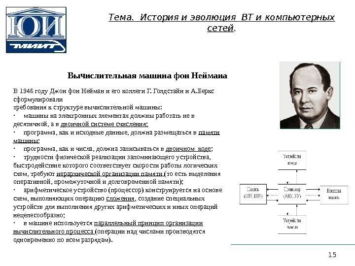 Вычислительная машина фон Неймана В 1946 году Джон фон Нейман и его коллеги Г.