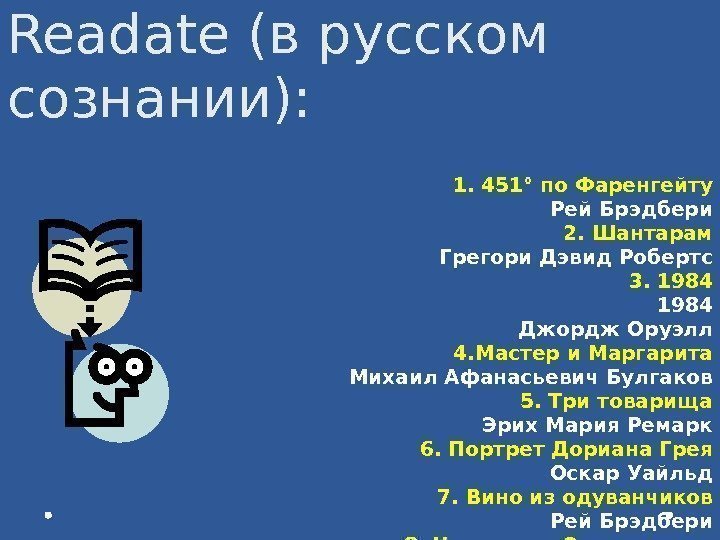 По версии сервиса Readate (в русском сознании): 1. 451° по Фаренгейту Рей Брэдбери 2.