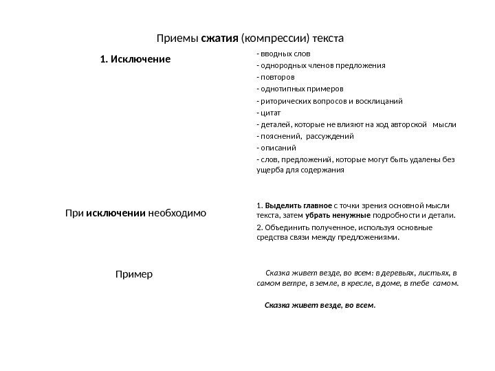  Приемы сжатия (компрессии) текста  1. Исключение   При исключении необходимо 