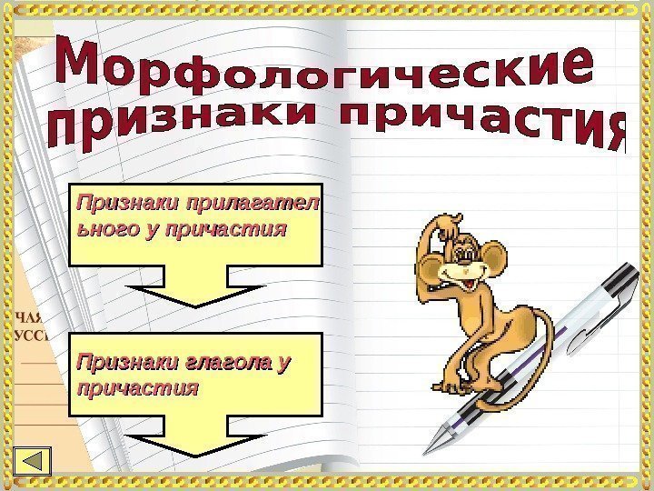 Признаки прилагател ьного у причастия Признаки глагола у причастия 