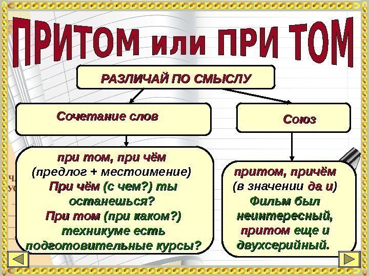 РАЗЛИЧАЙ ПО СМЫСЛУ Сочетание слов  при том, при чём  (предлог + местоимение)