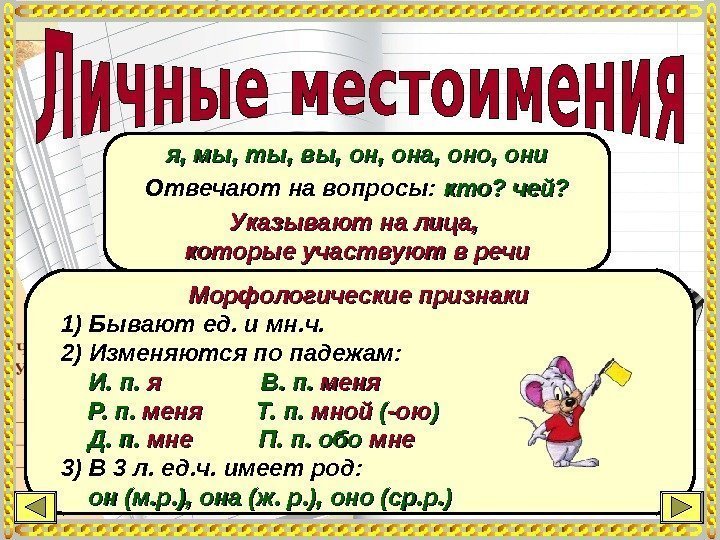 я, мы, ты, вы, он, она, оно, они Отвечают на вопросы:  кто? чей?