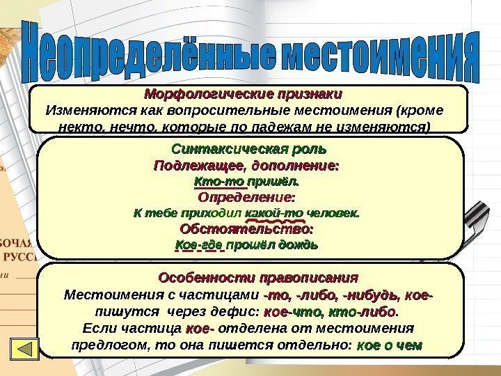 Морфологические признаки  Изменяются как вопросительные местоимения (кроме некто, нечто, которые по падежам не