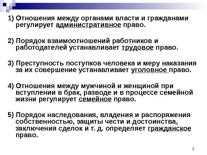 1) Отношения между органами власти и гражданами регулирует административное право. 2) Порядок взаимоотношений работников