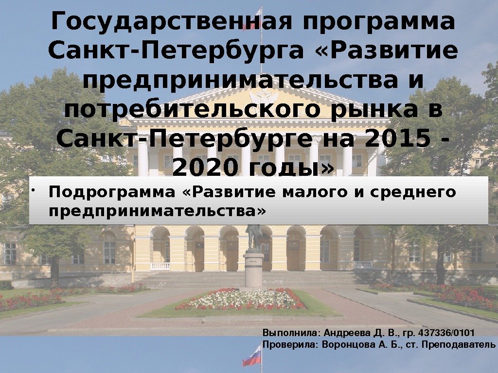 Государственная программа Санкт-Петербурга «Развитие предпринимательства и потребительского рынка в Санкт-Петербурге на 2015 - 2020