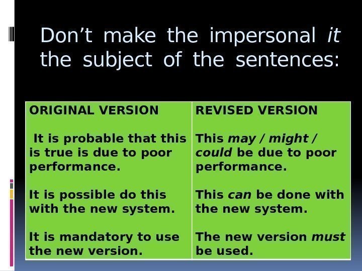 Don’t make the impersonal it  the subject of the sentences: ORIGINAL VERSION 
