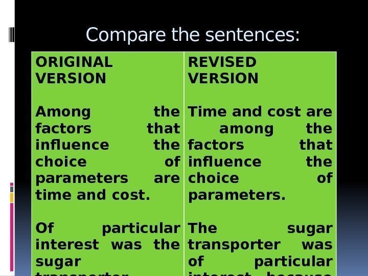 Compare the sentences: ORIGINAL VERSION Among the factors that influence the choice of parameters