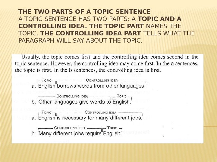 THE TWO PARTS OF A TOPIC SENTENCE HAS TWO PARTS: A TOPIC AND A