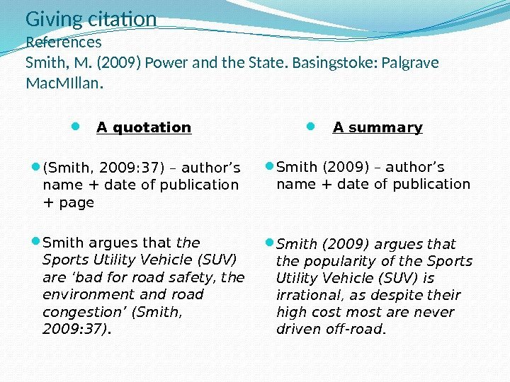 Giving citation References Smith, M. (2009) Power and the State. Basingstoke: Palgrave Mac. MIllan.