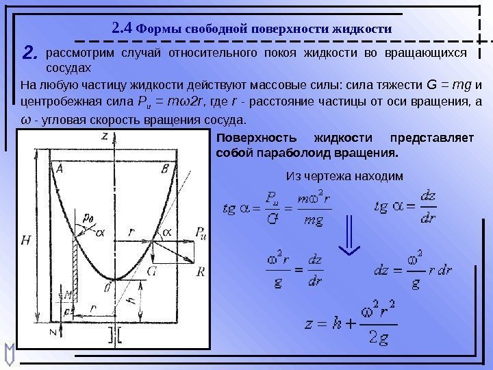 2. 4 Формы свободной поверхности жидкости 2. рассмотрим случай относительного покоя жидкости во вращающихся