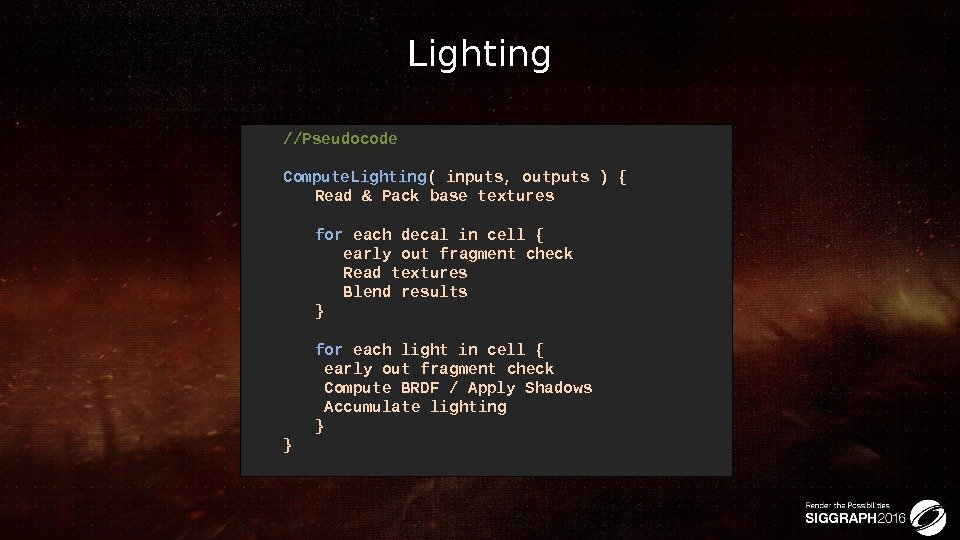 Lighting //Pseudocode Compute. Lighting ( inputs, outputs ) { Read & Pack base textures