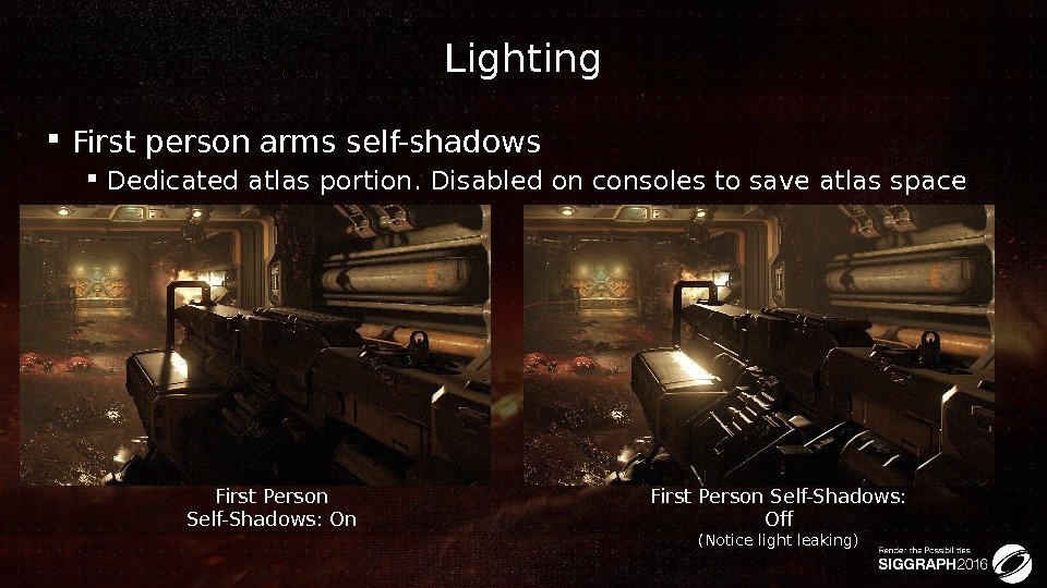 Lighting First person arms self-shadows Dedicated atlas portion. Disabled on consoles to save atlas