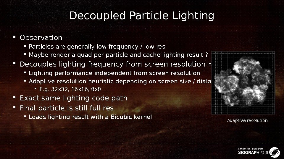 Decoupled Particle Lighting Observation Particles are generally low frequency / low res Maybe render