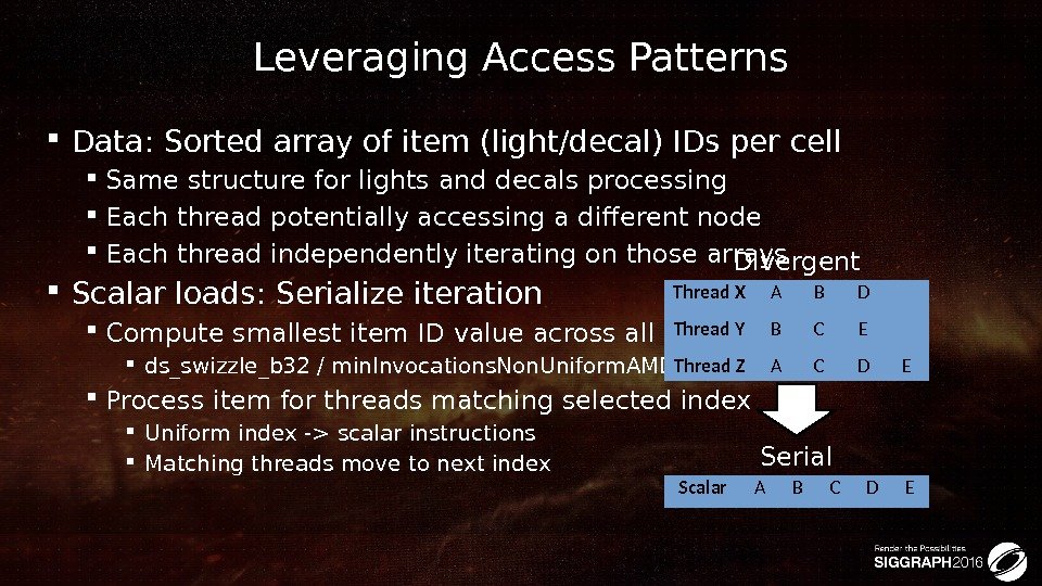 Leveraging Access Patterns Data: Sorted array of item (light/decal) IDs per cell Same structure
