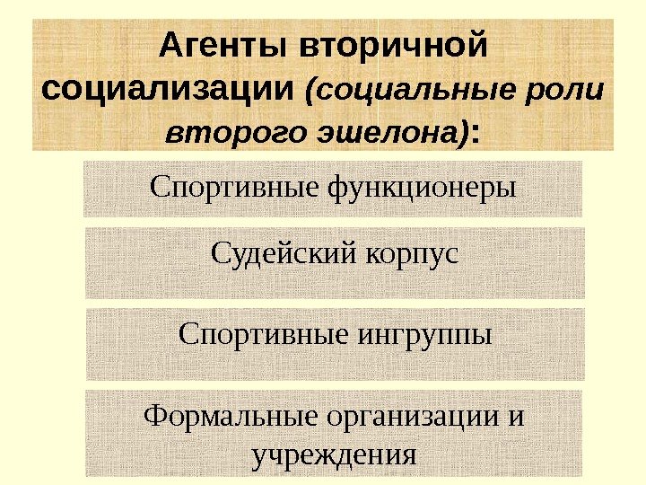 Спортивные функционеры Агенты вторичной социализации (социальные роли второго эшелона) : Судейский корпус Формальные организации