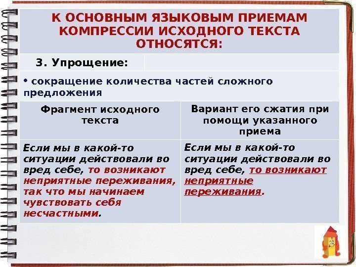 К ОСНОВНЫМ ЯЗЫКОВЫМ ПРИЕМАМ КОМПРЕССИИ ИСХОДНОГО ТЕКСТА ОТНОСЯТСЯ: 3. Упрощение:  •  сокращение