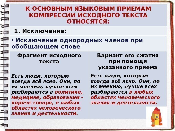 К ОСНОВНЫМ ЯЗЫКОВЫМ ПРИЕМАМ КОМПРЕССИИ ИСХОДНОГО ТЕКСТА ОТНОСЯТСЯ: 1. Исключение:  •  Исключение