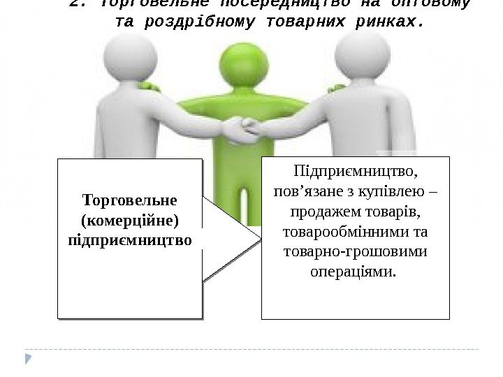 2. Торговельне посередництво на оптовому та роздрібному товарних ринках. Торговельне (комерційне) підприємництво Підприємництво, 