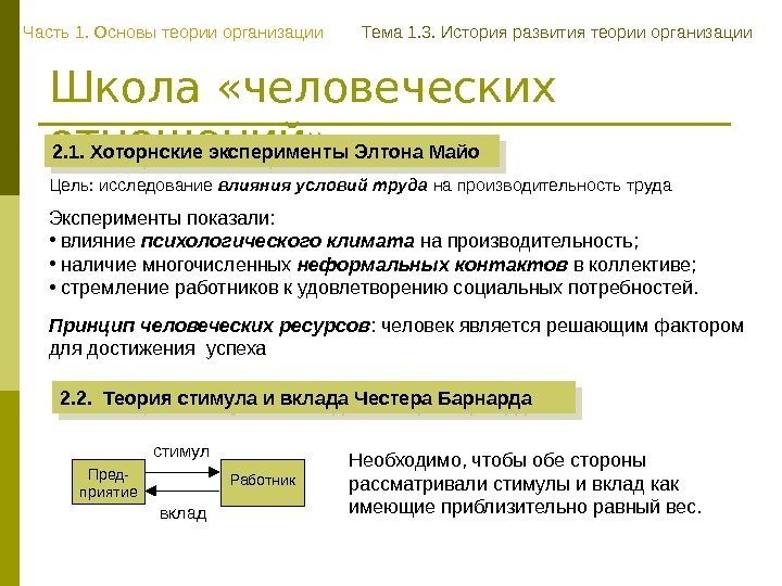 Школа «человеческих отношений» 2. 1. Хоторнские эксперименты Элтона Майо  Пред- приятие Работникстимул вклад