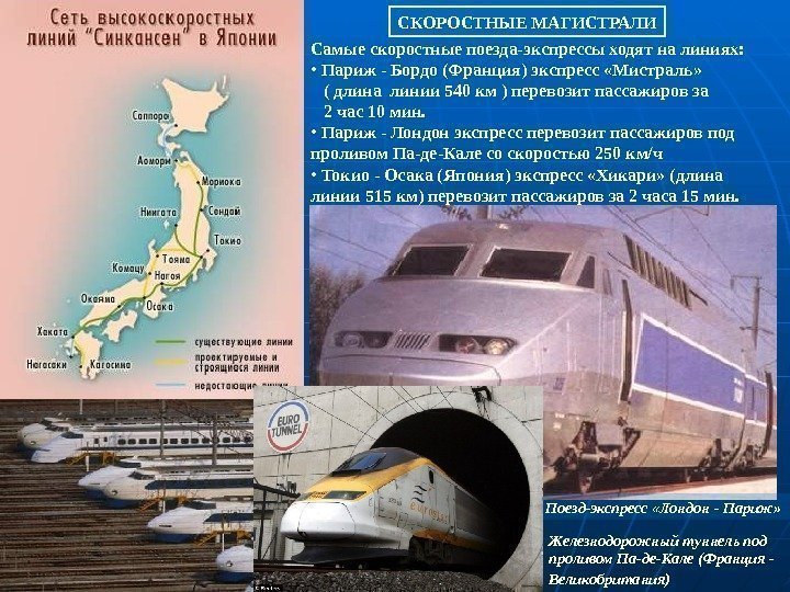   СКОРОСТНЫЕ МАГИСТРАЛИ Самые скоростные поезда-экспрессы ходят на линиях:  •  Париж