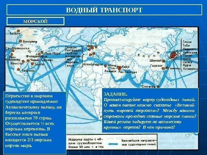   ВОДНЫЙ ТРАНСПОРТ МОРСКОЙ ЗАДАНИЕ.  Проанализируйте карту судоходных линий. О каком океане