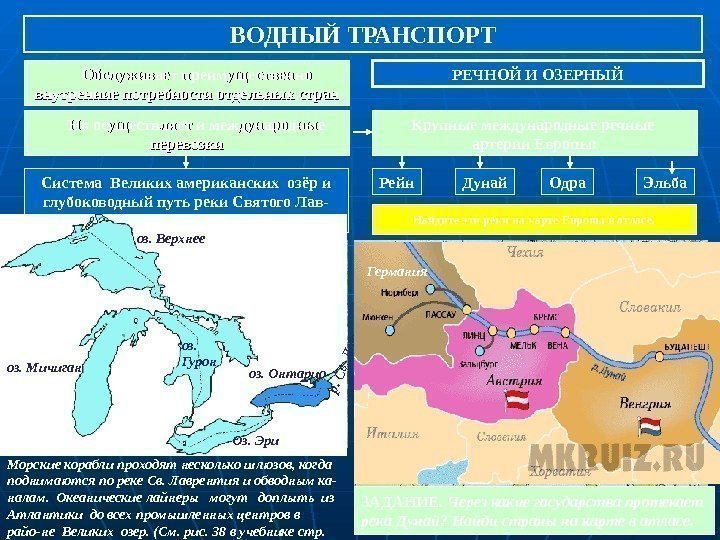   ВОДНЫЙ ТРАНСПОРТ РЕЧНОЙ И ОЗЕРНЫЙ  Обслуживает преимущественно внутренние потребности отдельных стран