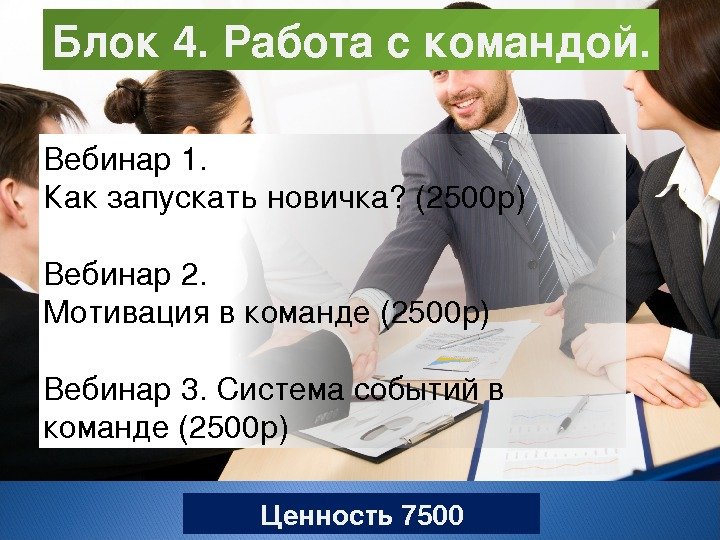 Блок 4. Работаскомандой. Вебинар 1. Как запускатьновичка? (2500 р) Вебинар 2. Мотивация вкоманде(2500 р)