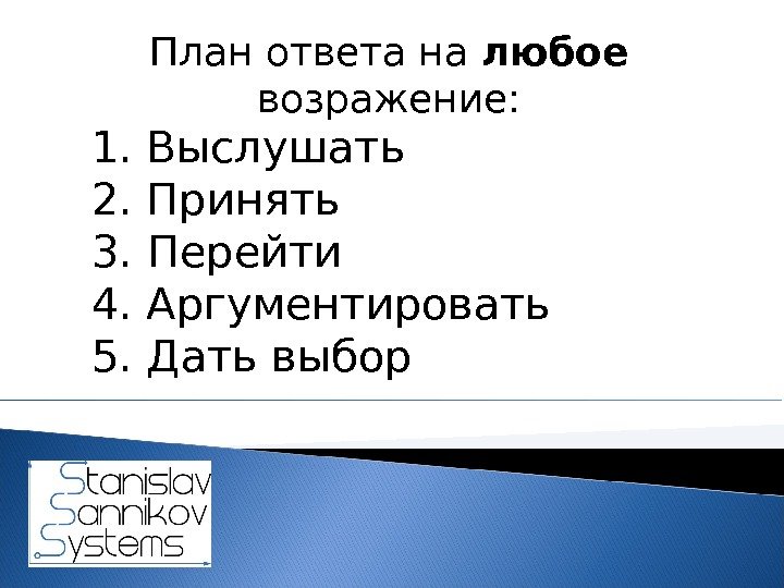 План ответа на любое  возражение: 1. Выслушать 2. Принять 3. Перейти 4. Аргументировать