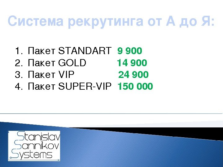 Системарекрутингаот. Адо. Я: 1. Пакет STANDART 9900 2. Пакет GOLD 14900 3. Пакет VIP